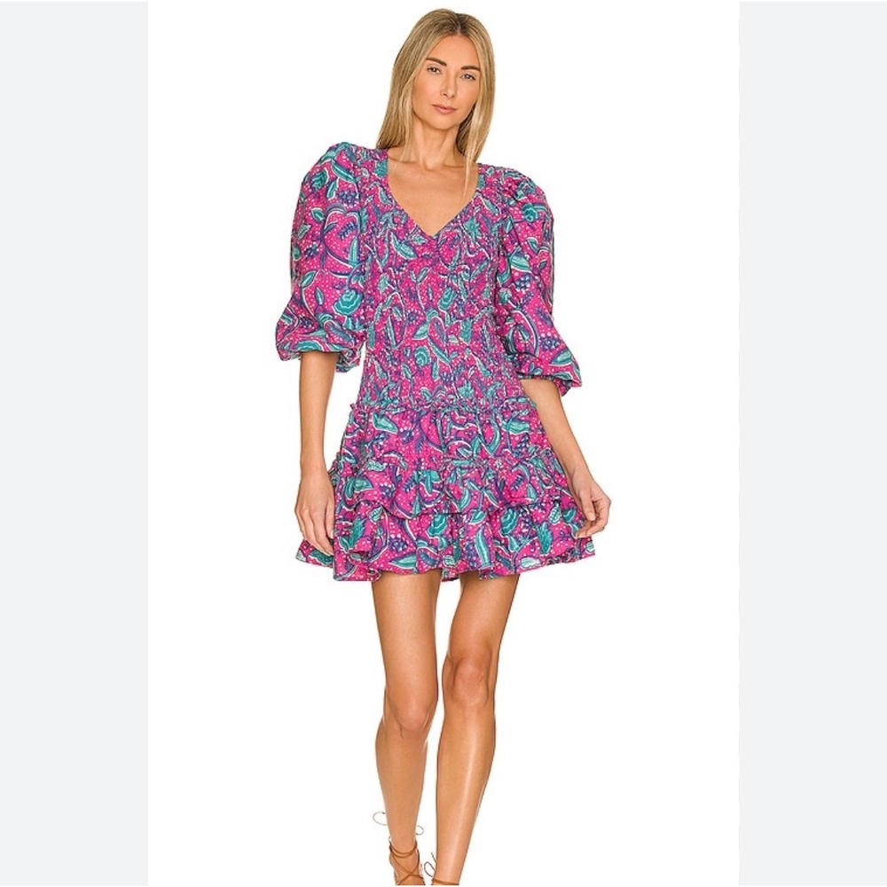 Love The Label Pink Teal Paisley Smocked Puff Sleeve Tiered Mini Dress XS